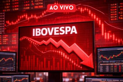 Gráfico do Ibovespa em queda livre com investidor preocupado analisando tela de trading