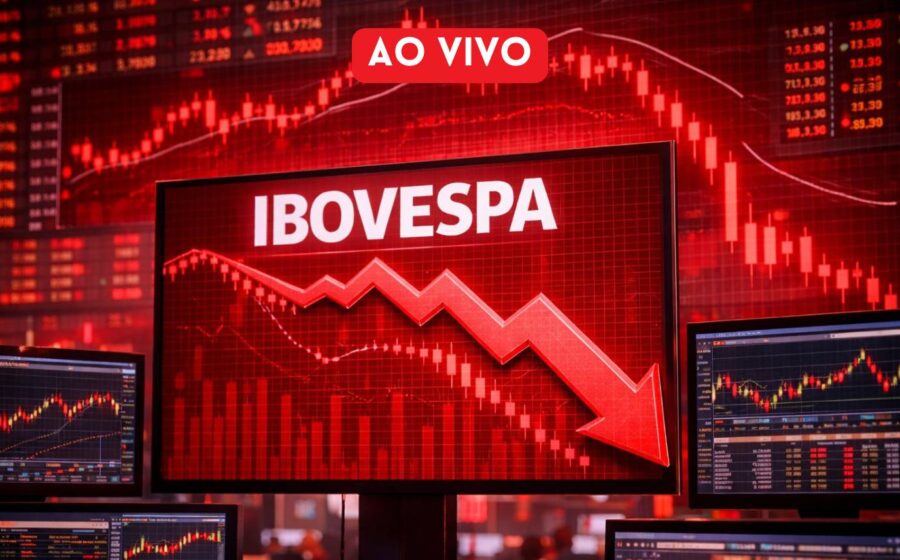 Gráfico do Ibovespa em queda livre com investidor preocupado analisando tela de trading