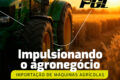 Tratores e colheitadeiras importados em pátio portuário no Brasil, simbolizando alta de 144% nas importações de máquinas agrícolas