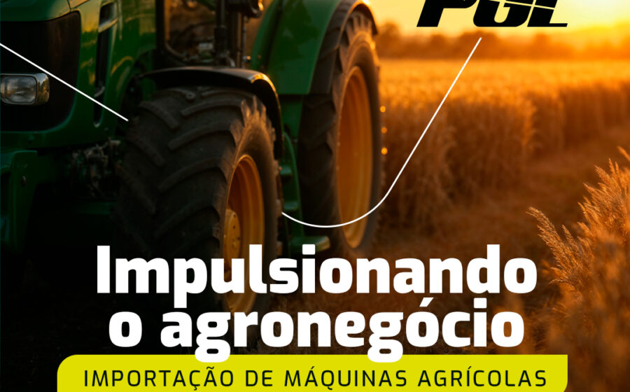 Tratores e colheitadeiras importados em pátio portuário no Brasil, simbolizando alta de 144% nas importações de máquinas agrícolas