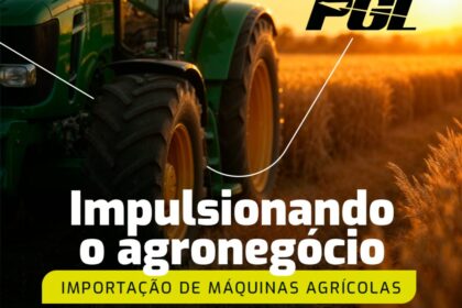 Fábrica de máquinas agrícolas ociosa com tratores importados da China e Índia em primeiro plano