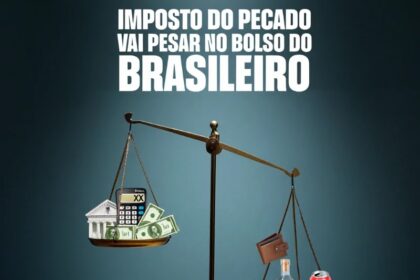 Calendário mostra 2028 com moedas e bandeira do Brasil representando adiamento do Imposto do Pecado