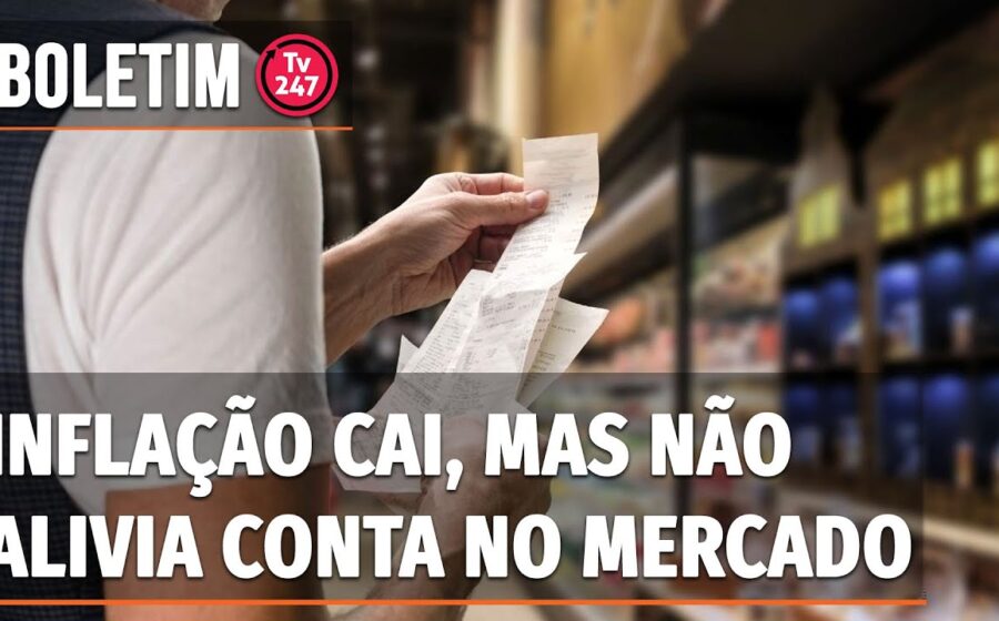 Gráfico de inflação com carrinho de supermercado e etiquetas de preços altos em alimentos