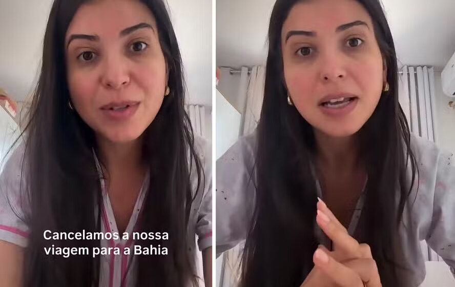 Influenciadora Aline Guimarães em resort baiano com celular mostrando cancelamento de reserva pós-eleição 2022