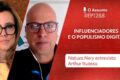 Influenciador digital em silêncio diante de símbolos de urnas eleitorais e redes sociais