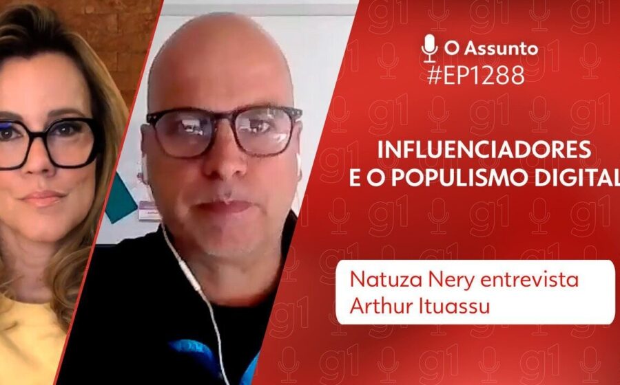 Influenciador digital em silêncio diante de símbolos de urnas eleitorais e redes sociais