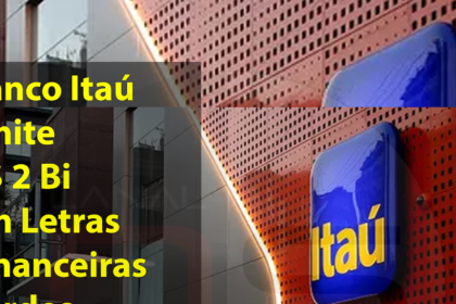 Logotipo do Itaú Unibanco sobre fundo tecnológico com elementos de inteligência artificial e símbolos financeiros