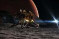 Sonda MMX da JAXA pousando em Fobos, lua de Marte, com o planeta vermelho ao fundo