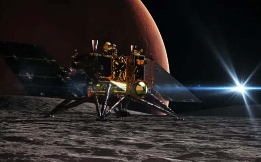 Sonda MMX da JAXA pousando em Fobos, lua de Marte, com o planeta vermelho ao fundo