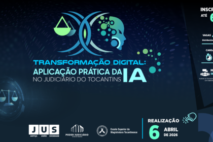 Juiz com robô de IA redigindo sentença judicial em tela de computador