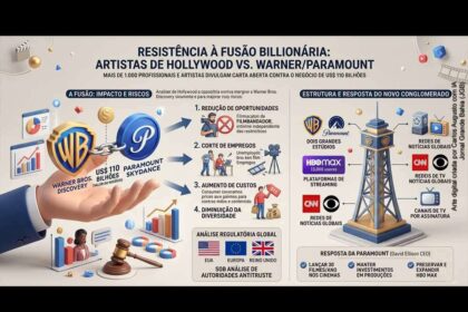 Logos da Paramount e Warner Bros. Discovery sobre fundo de tribunal com martelo de juiz