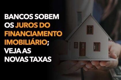 Gráfico mostra alta nas taxas de juros imobiliários com ícones de bancos e casas