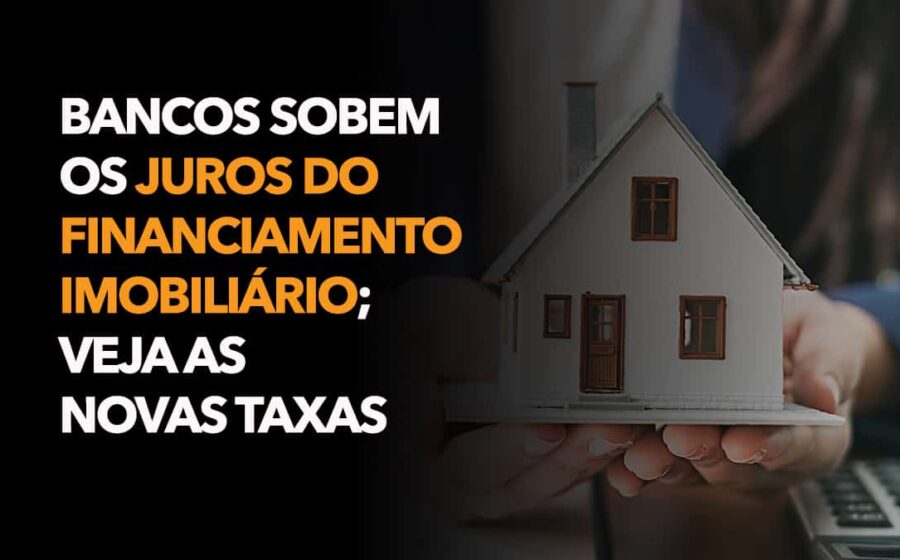 Gráfico mostra alta nas taxas de juros imobiliários com ícones de bancos e casas