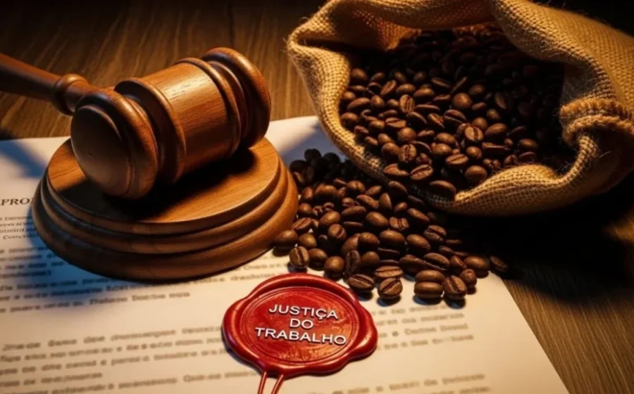 Gavel de madeira sobre grãos de café com documentos jurídicos ao fundo