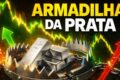 Fábrica da Klabin com gráfico de queda de lucro e símbolos de câmbio