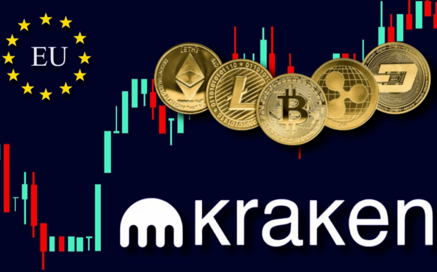 Logotipo da Kraken fundido com edifício bancário europeu simbolizando união entre cripto e finanças tradicionais