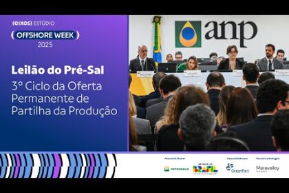 Leilão da ANP: plataforma de petróleo no pré-sal com gráfico de investimento de R$ 3 bilhões