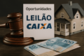 Mapa do Brasil com ícones de casas e porcentagens de desconto até 90%, representando 1.200 imóveis em leilão bancário em outubro