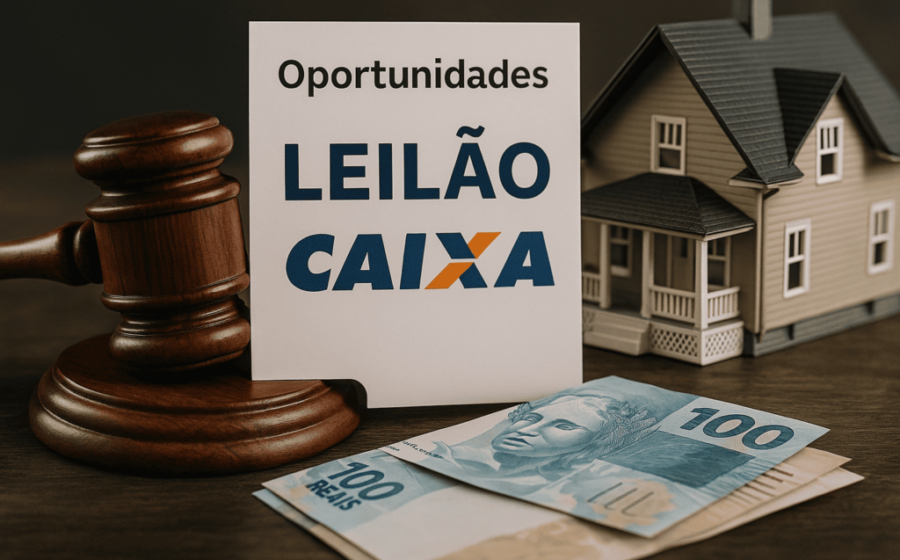 Mapa do Brasil com ícones de casas e porcentagens de desconto até 90%, representando 1.200 imóveis em leilão bancário em outubro