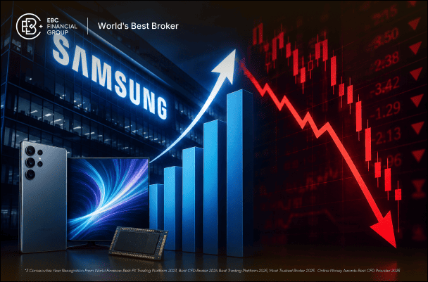 Samsung Electronics logotipo sobre fundo de chips de memória DRAM e gráfico de ações em queda