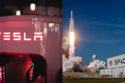 Elon Musk entre logotipos da Tesla e SpaceX com gráfico de queda de lucro de 4% no terceiro trimestre