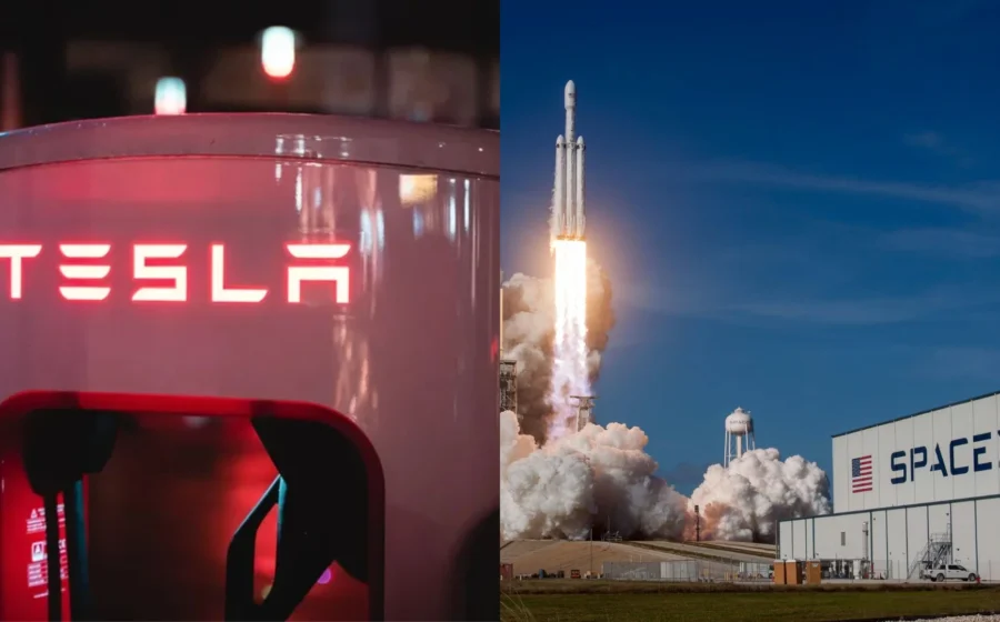 Elon Musk entre logotipos da Tesla e SpaceX com gráfico de queda de lucro de 4% no terceiro trimestre