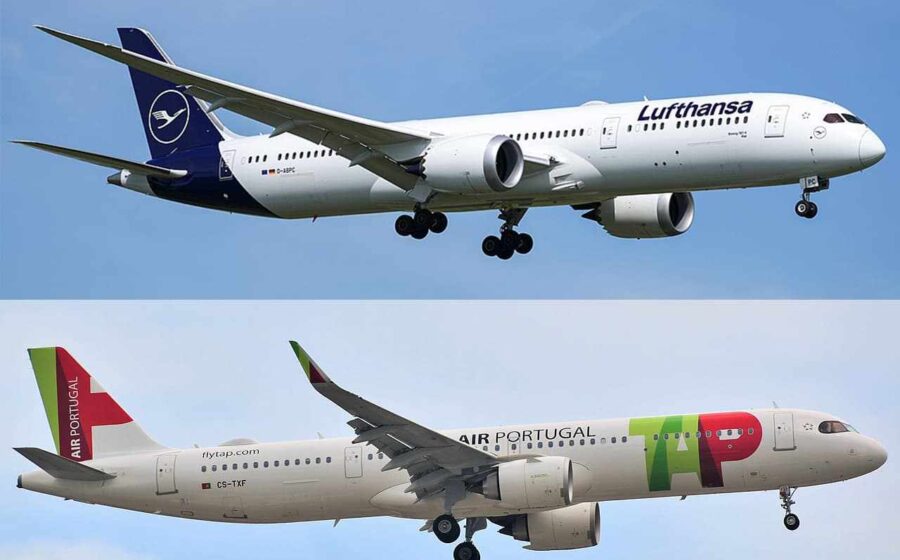 Aviões Lufthansa e TAP lado a lado simbolizando aquisição de 49,9% e plano para 100% da companhia portuguesa