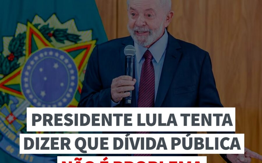 Lula segurando cartas com símbolos de dívida pública e juros, representando controle fiscal
