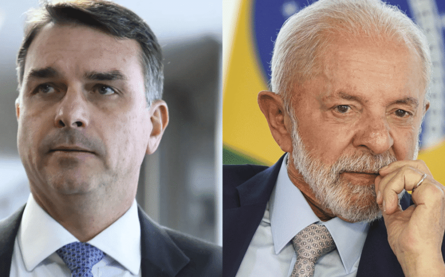 Lula em discurso com gráficos de dívida pública e taxa Selic caindo ao fundo