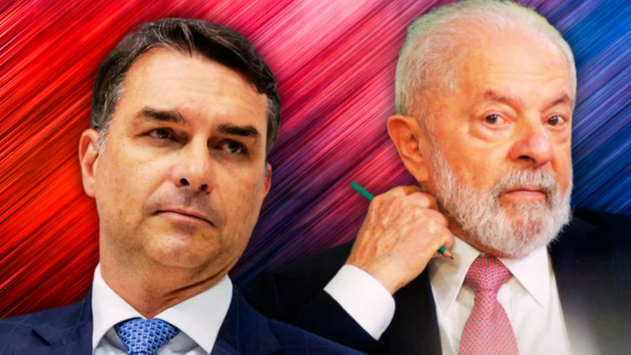 Lula e Flávio Bolsonaro em confronto visual representando projetos econômicos opostos para 2025