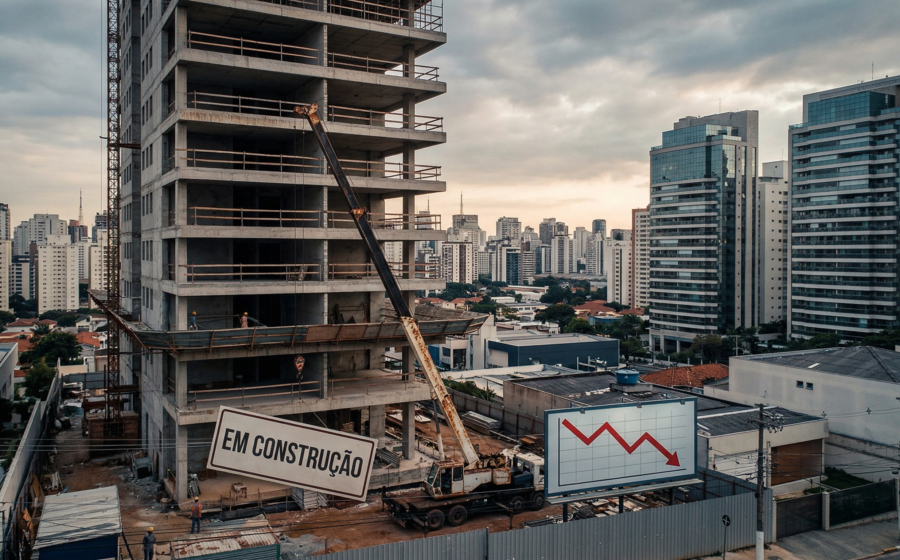 Arranha-céus de luxo em São Paulo com céu azul ao fundo, representando mercado imobiliário de alto padrão