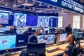 Centro de monitoramento SmartSampa com múltiplas telas exibindo câmeras de vigilância urbana em São Paulo
