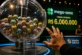 Bolas da Mega-Sena com números 05, 07, 12, 29, 34, 36 e valor do prêmio R$ 6 milhões