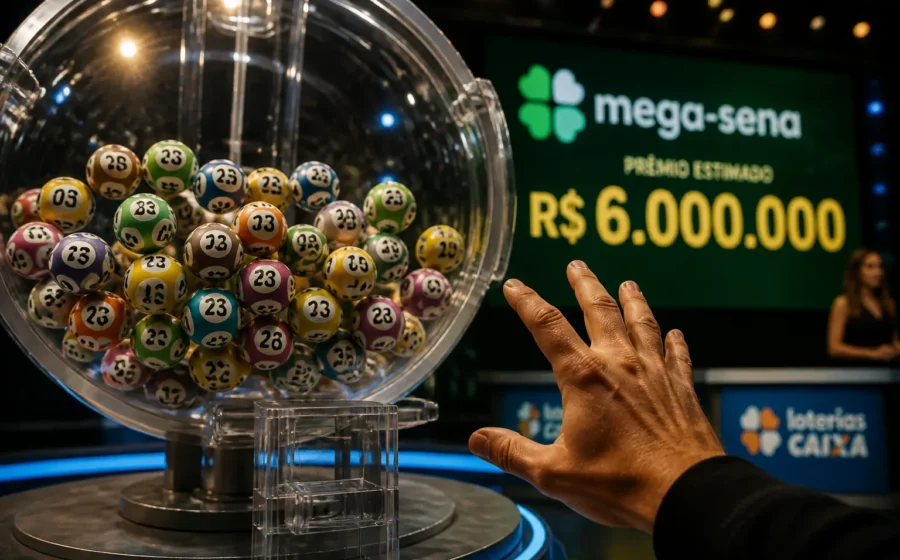 Bolas da Mega-Sena com números 05, 07, 12, 29, 34, 36 e valor do prêmio R$ 6 milhões