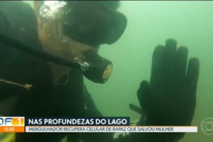 Mergulhador profissional resgata celular e joias no fundo da represa do Rio Grande a 20 metros de profundidade