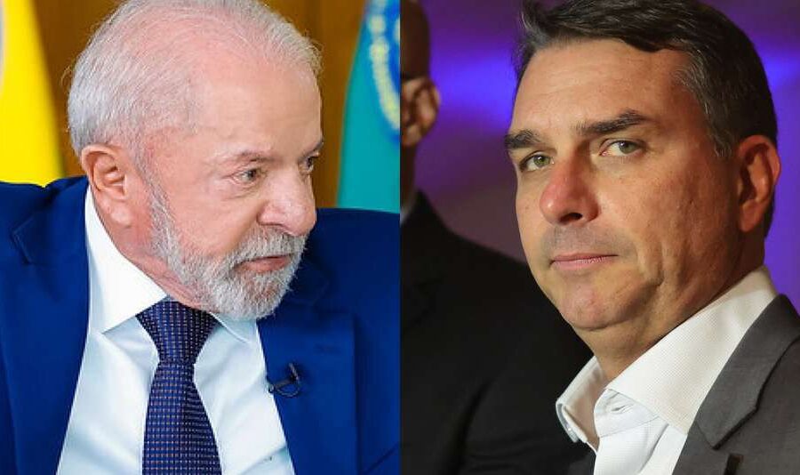 Logo do Instagram sobre fundo com gráficos de métricas e fotos de Lula e Flávio Bolsonaro