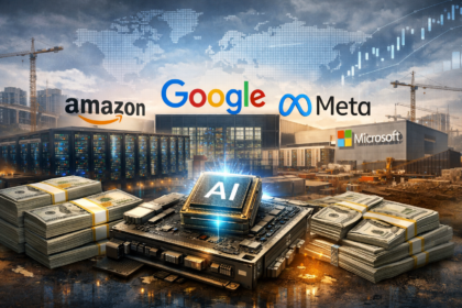 Gráfico de ações da Meta em queda acentuada com ícones de inteligência artificial e títulos do Tesouro dos EUA em destaque