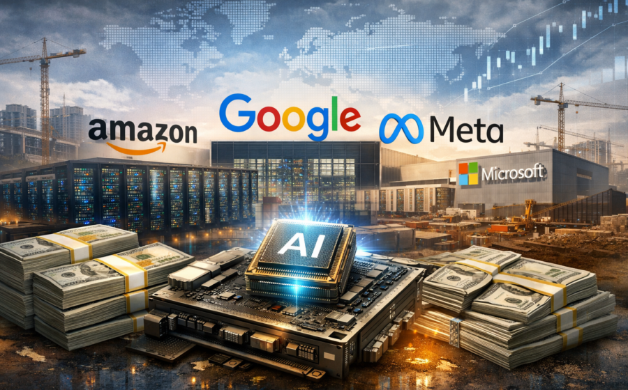 Gráfico de ações da Meta em queda acentuada com ícones de inteligência artificial e títulos do Tesouro dos EUA em destaque