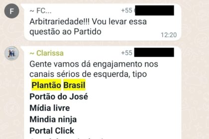 Logotipo do WhatsApp sobre fundo verde com gavel de juiz e brasão do TSE representando decisão judicial sobre canal político