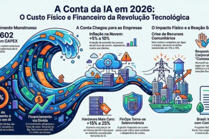 Gráfico de ações da Meta em queda acentuada com logotipo da empresa e símbolo de inteligência artificial