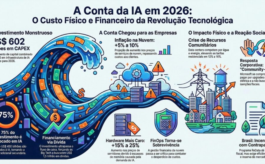 Gráfico de ações da Meta em queda acentuada com logotipo da empresa e símbolo de inteligência artificial