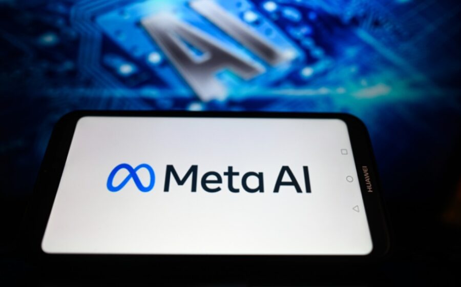 Mark Zuckerberg ao lado do logotipo da Meta com gráficos de investimento em IA e símbolos de ações