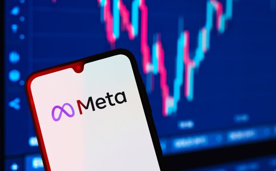 Gráfico de ações em queda com logo da Meta e símbolos de IA, representando perda de US$ 124 bi