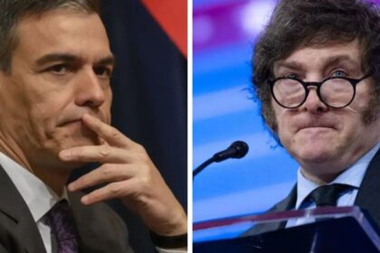 Javier Milei discursa em fórum econômico em Madri apontando para a câmera com expressão severa