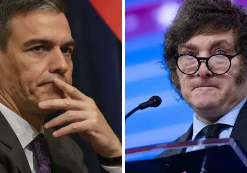 Javier Milei discursa em fórum econômico em Madri apontando para a câmera com expressão severa