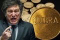 Javier Milei em coletiva presidencial com gráfico de criptomoeda $LIBRA caindo ao fundo