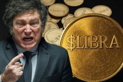 Javier Milei em coletiva presidencial com gráfico de criptomoeda $LIBRA caindo ao fundo
