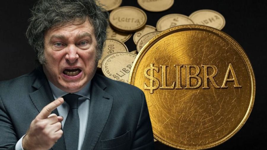Javier Milei em coletiva presidencial com gráfico de criptomoeda $LIBRA caindo ao fundo