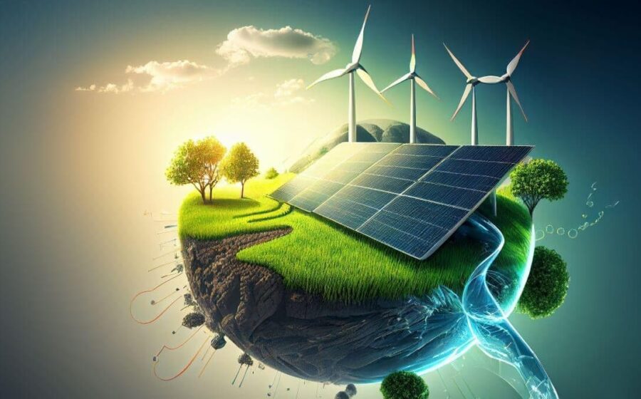 Painel solar e torres de transmissão com gráfico de queda capacidade renovável 2026