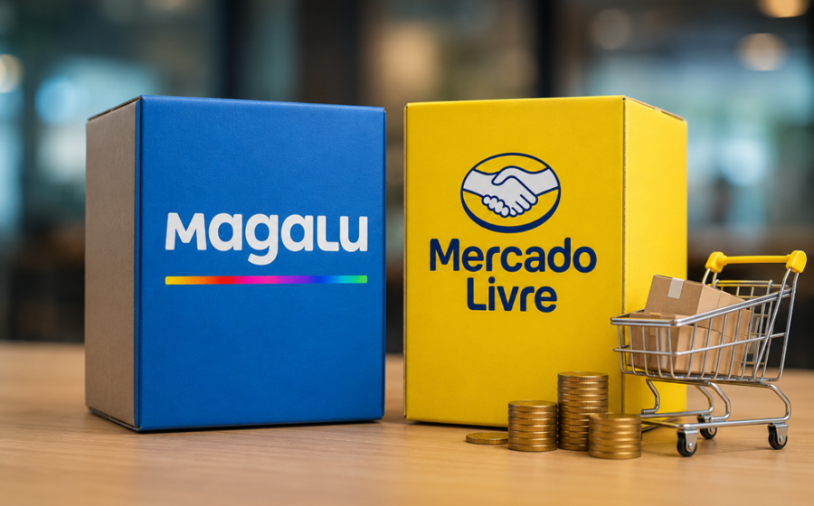 Logos da Meta Muse, Magazine Luiza e Mercado Livre sobre mapa do Brasil com setas de crescimento